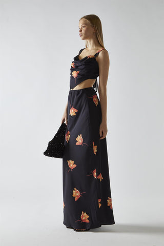 Black-Orange Flower Hanky-Hem Tie-Back Crop-Top