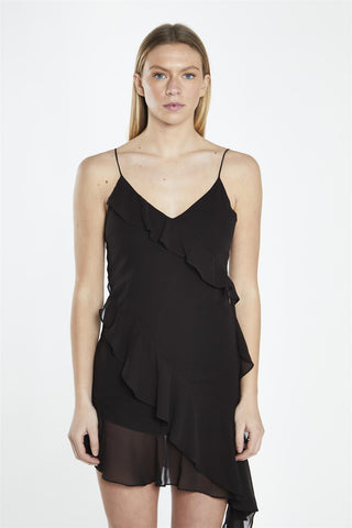 Black Asymmetric-Ruffle Mini-Dress