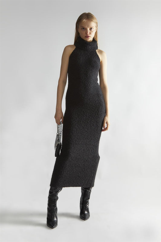 Black Knitted Roll-Neck Maxi-Dress