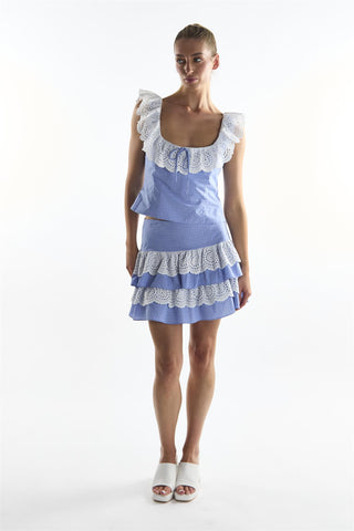 Cornflower Check Embroidery Detail Top