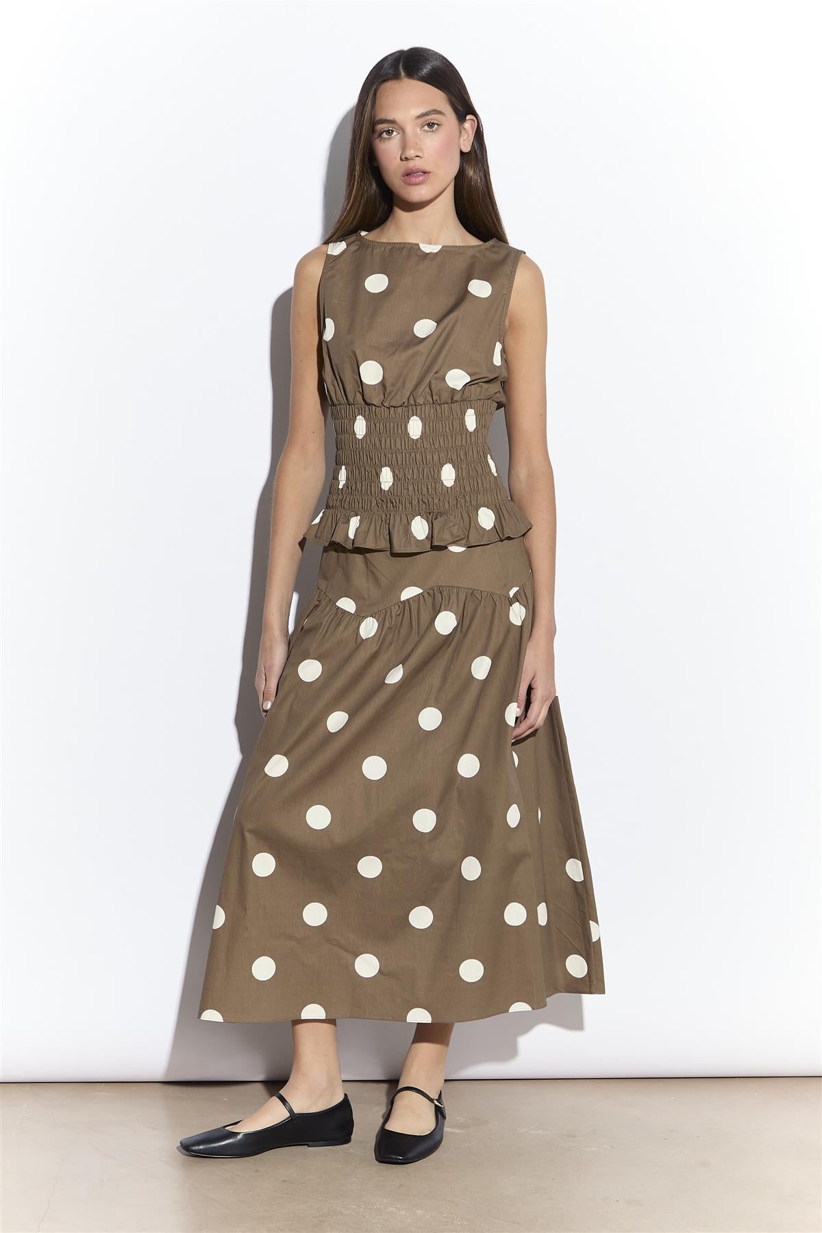 Taupe White Spot Dropped Waist Midi Skirt