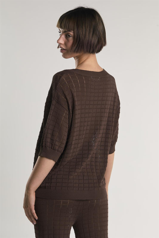 Brown V-Neck Button Knit Shirt