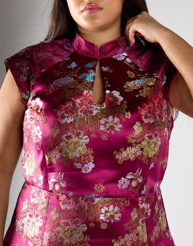 Wine Brocade Pleated Skirt Mini Dress