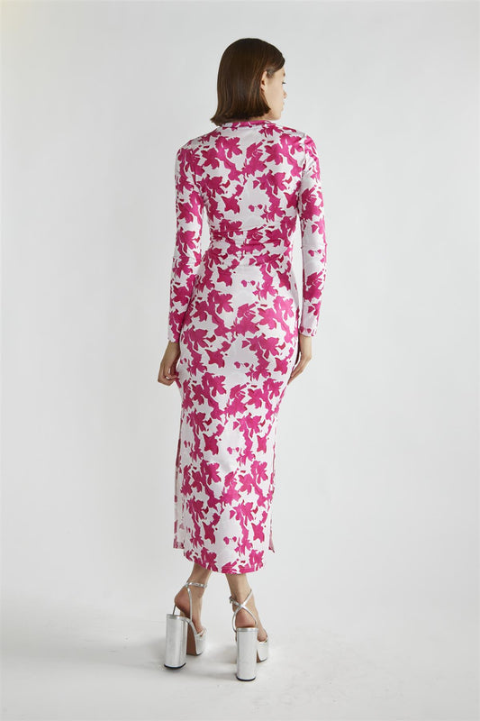 Pink Brushstroke Flowers Round Neck Maxi-Dress