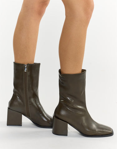 Olive Square Toe Block Heel Ankle Boots