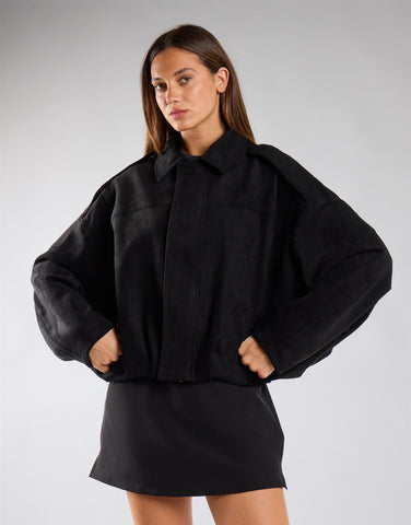 Black Suedette Boxy Collared Jacket