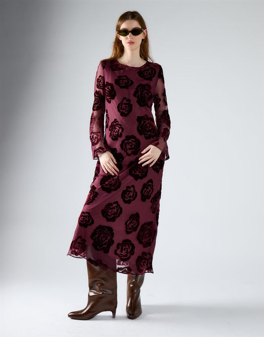 Burgundy Devore Rose Sheer Midi Dress