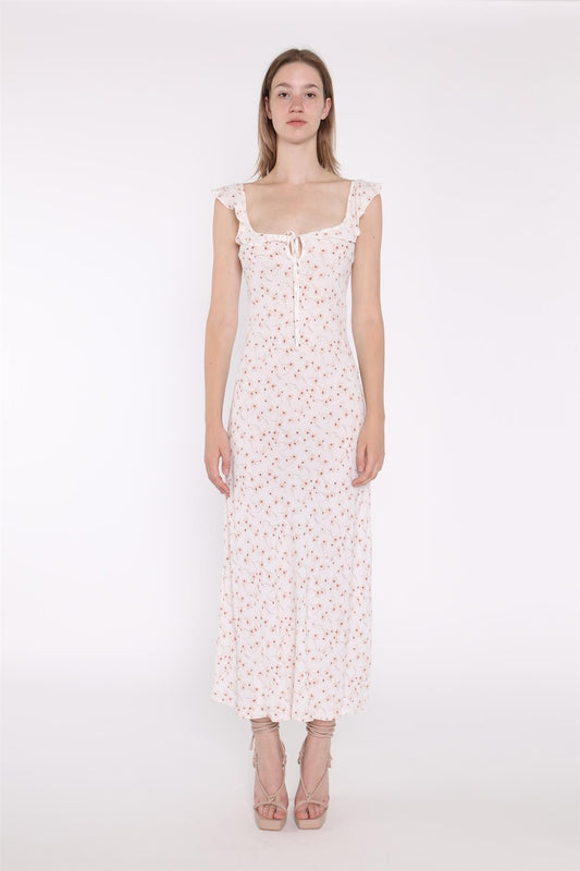 White-Base Floral Ruffle Neck Midaxi-Dress