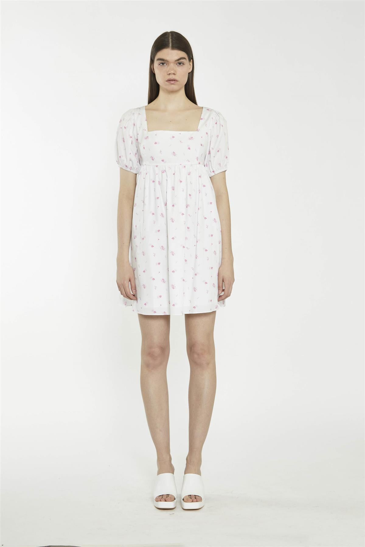 Square Neck Short Skater Dress - White Pink Floral