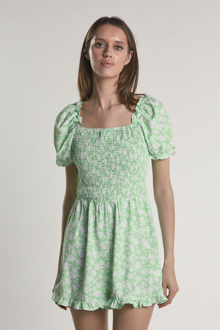 Green-Floral Square-Neck Short Sleeve-Playsuit