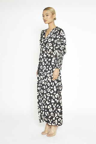 Black Cream Large Leopard Wrap Maxi Dress