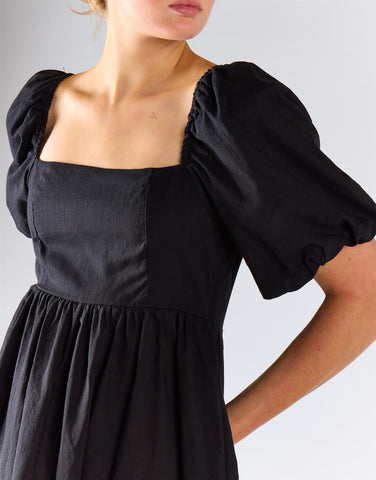 Balloon Sleeve Flowy Mini Dress - Black