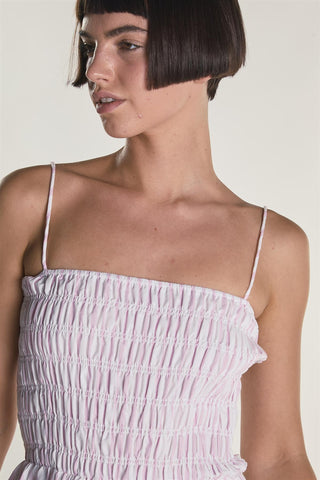 White Pink Stripe Strappy Shirring Maxi Dress