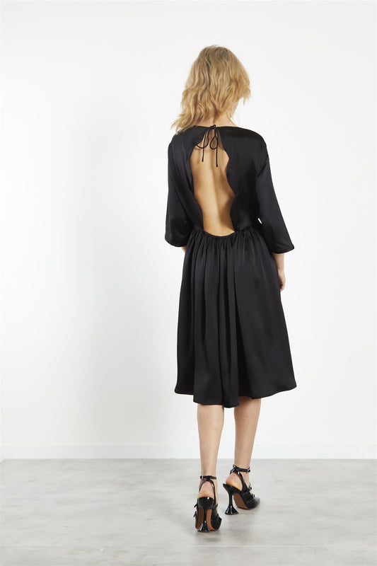 Black-Sateen Scallop-Back Mini-Dress