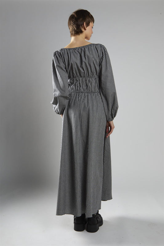 Black Check Velvet Bow Maxi Dress