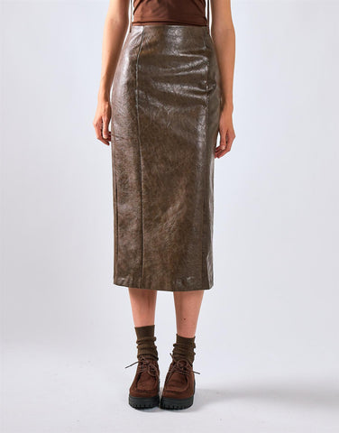 Brown PU Midi Bodycon Skirt