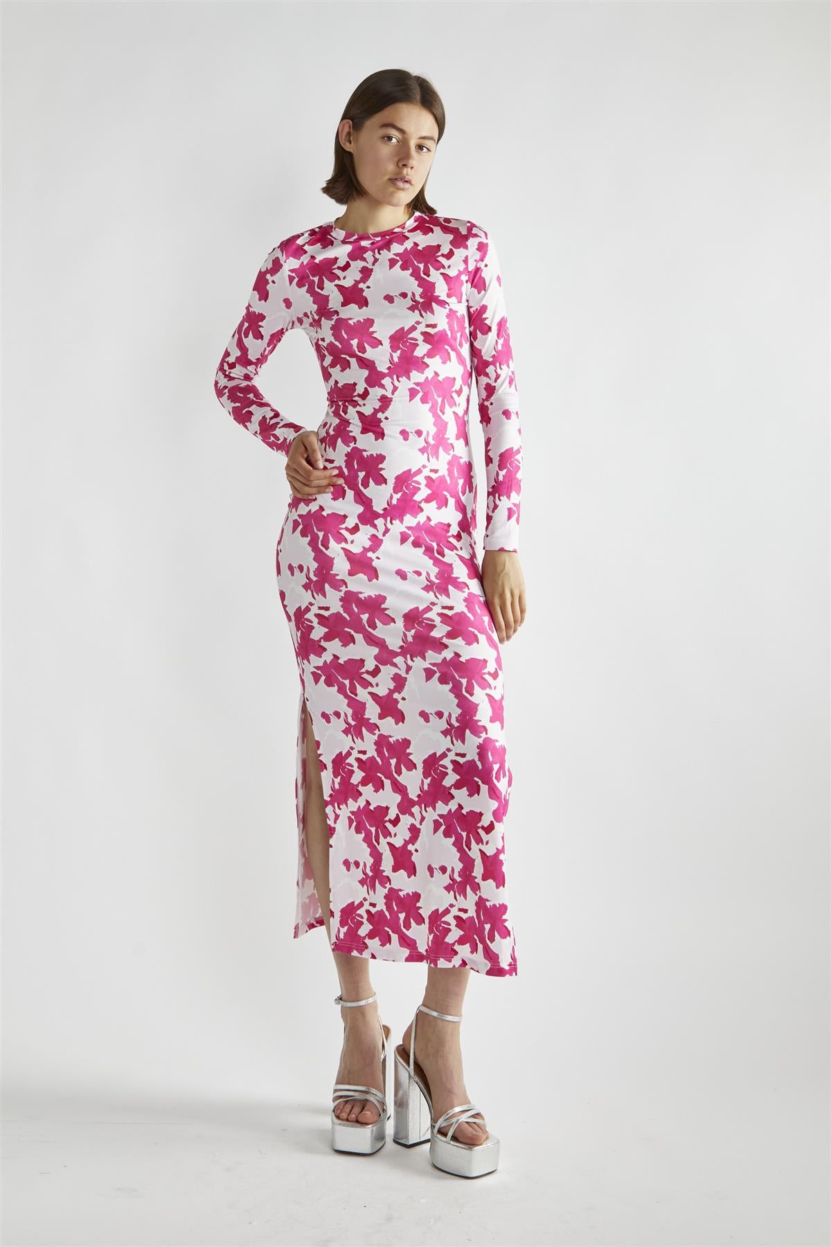 Pink Brushstroke Flowers Round Neck Maxi-Dress