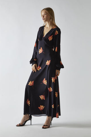 Black-Orange Flower V-neck Midi-Dress