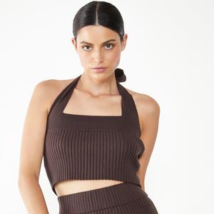 Glamorous Care Brown Ribbed Halter Neck Top