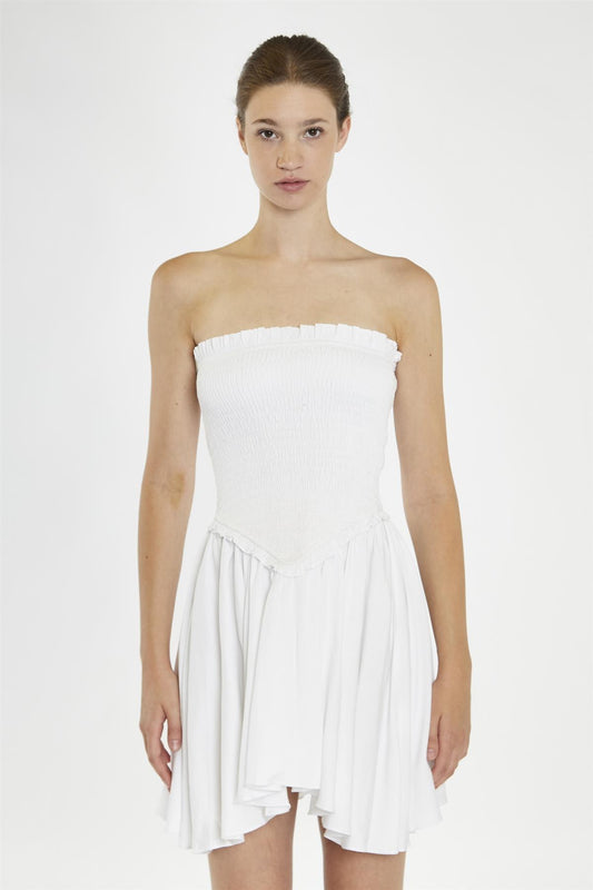 White Strapless Smocked Mini-Dress
