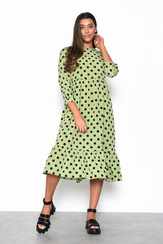 Green Brown Polka Dot Frill Midi Dress