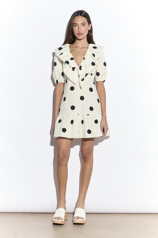 Cream Spot Ruffle Mini Dress with Puff Sleeve