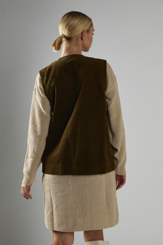 Olive-Brown-Cord Tie-Front Gilet
