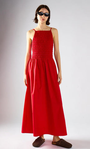 Red Shirring Body Boat Neck Maxi Dress