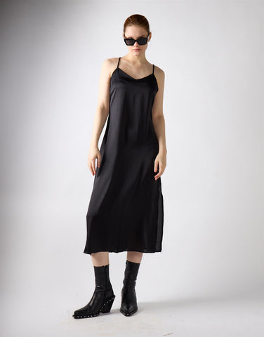 V-neck Open Back Midi Dress - Black Sateen