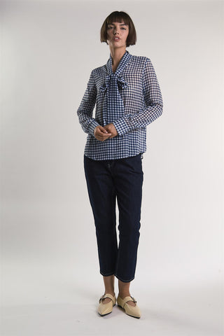 Navy/White-Gingham Front-Tie Long-Sleeve-Top