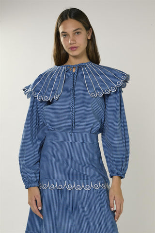 Navy Multi Check Embroidered Collar Long Sleeve Blouse