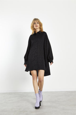 Black Satin-Jacquard Shirt-Dress