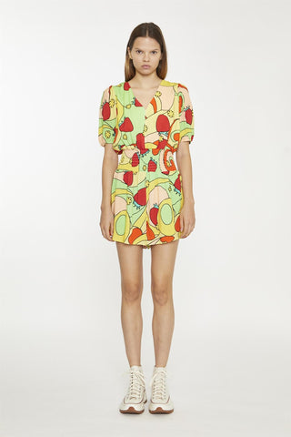 Orange-Swirl Strawberry Shirred Waist Loose-Playsuit
