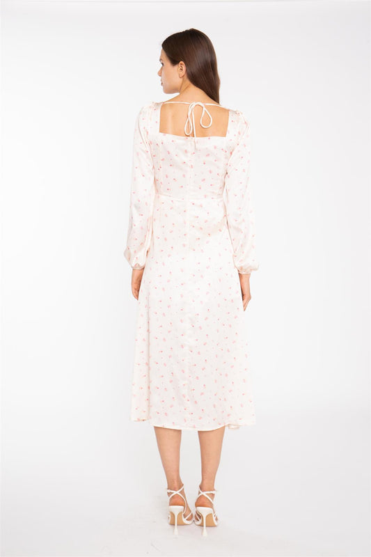 Peach-Pink Daisy Milkmaid Midi-Dress