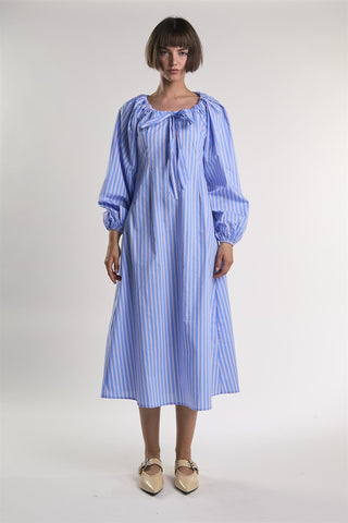 Light-Blue-Pink-Stripe Gathered-Neck Midi-Dress