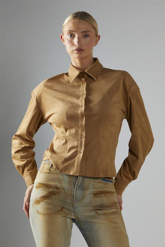 trending brown button up cowboy shirt with puffed sleeves