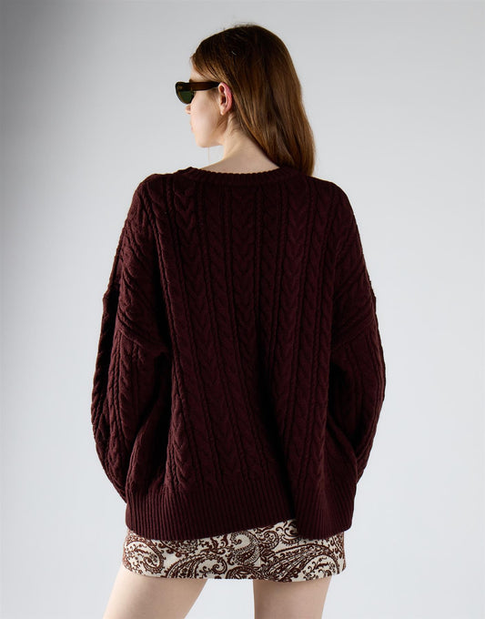 Oxblood Cable Knit Crew Neck Jumper