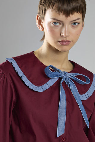 Burgundy-Blue Tie-Collar Blouse