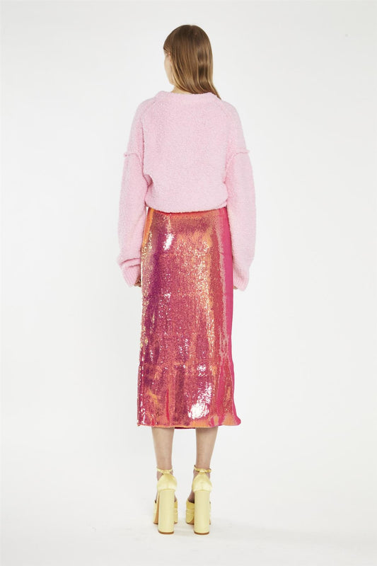 Pink-Gold Sequin Side-Split Midi-Skirt