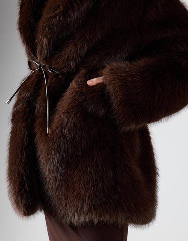 Deep Brown Fur Oversized Tie Waist Coat