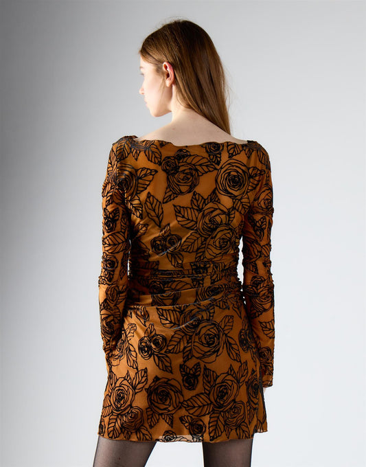 Rust Rose Mesh Long Sleeve Mini Dress