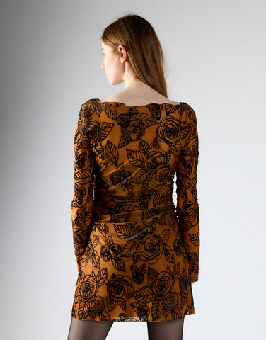 Rust Rose Mesh Long Sleeve Mini Dress