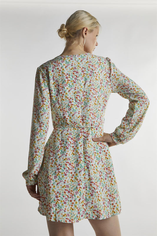 Citron-Orchid-Ditsy Long-Sleeve Mini-Dress