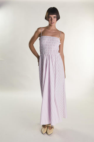 White Pink Stripe Strappy Shirring Maxi Dress