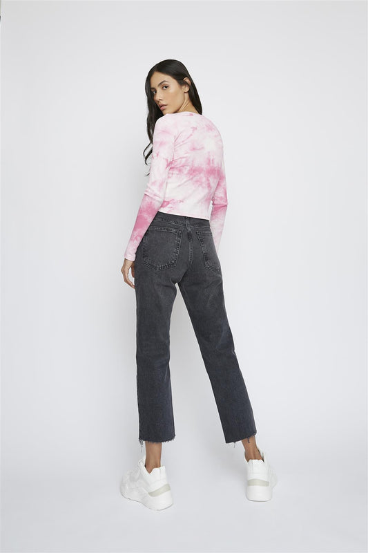 Pink-Tie-Dye Long-Sleeve-Ribbed Crop-Top