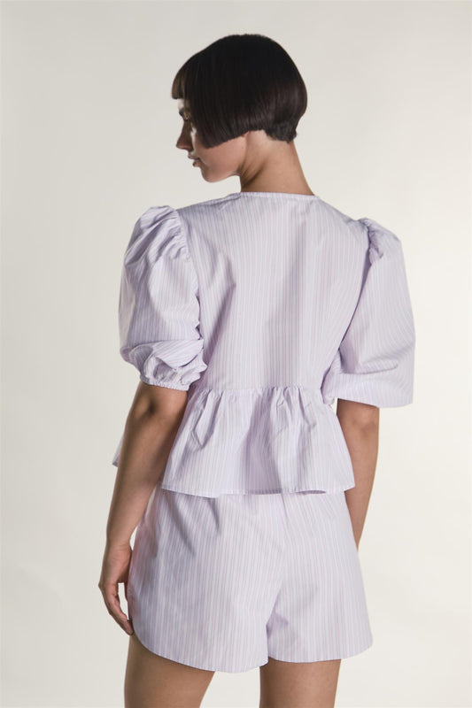Light Pink Stripe Tie Front Puff Sleeve Top