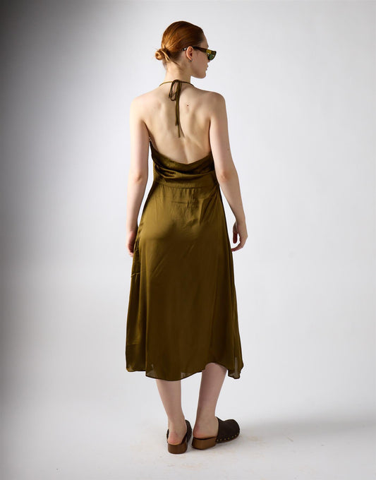 Khaki Satin Cowl Neck Midi Dress