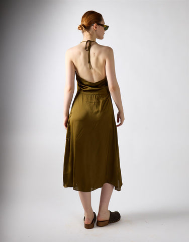 Khaki Satin Cowl Neck Midi Dress