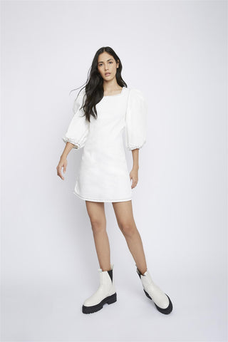 Off-White Puff-Sleeve-Contrast-Stitch Mini-Dress