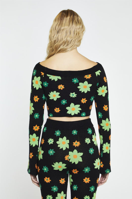 Green-Flower-Intarsia Long-Sleeve Crop-Top